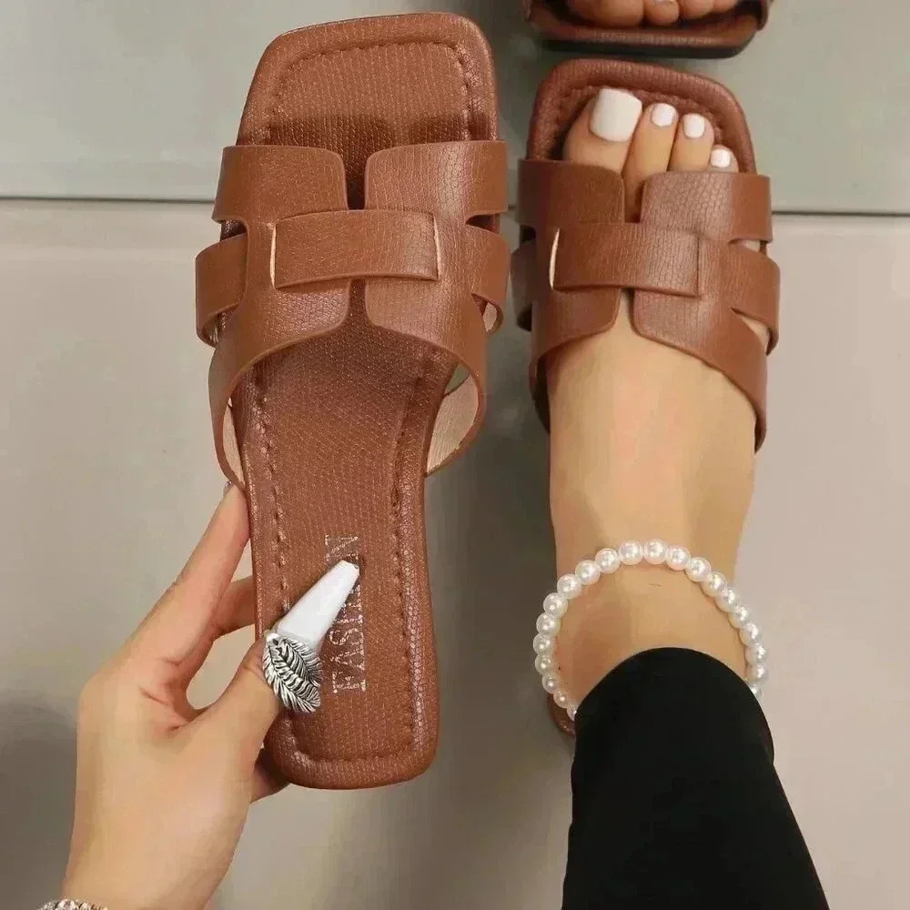 Brown Elegant Women's Snakeskin Embossed Cut Out Slide Sandals